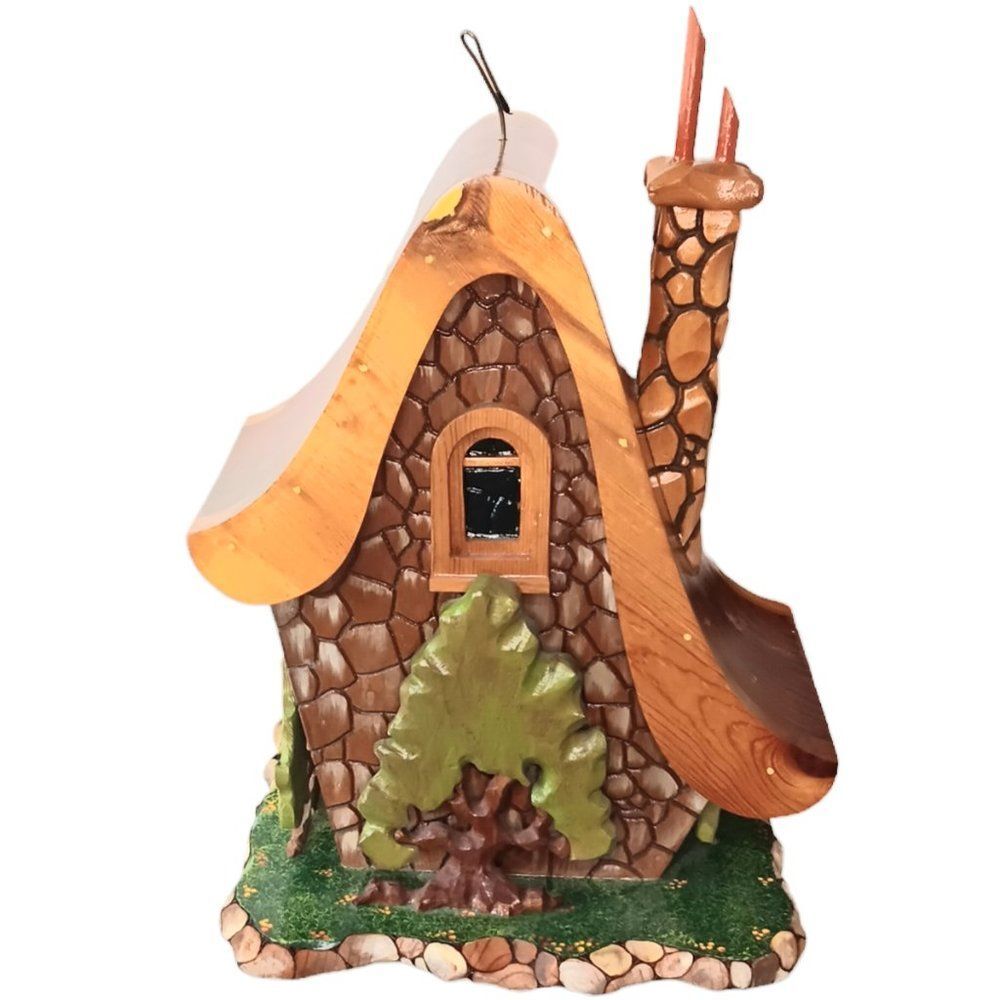Whimsical Cottage Garden Bird Feeder Wood Carved and Hand Painted Gnome Fairy - Picture 2 of 15